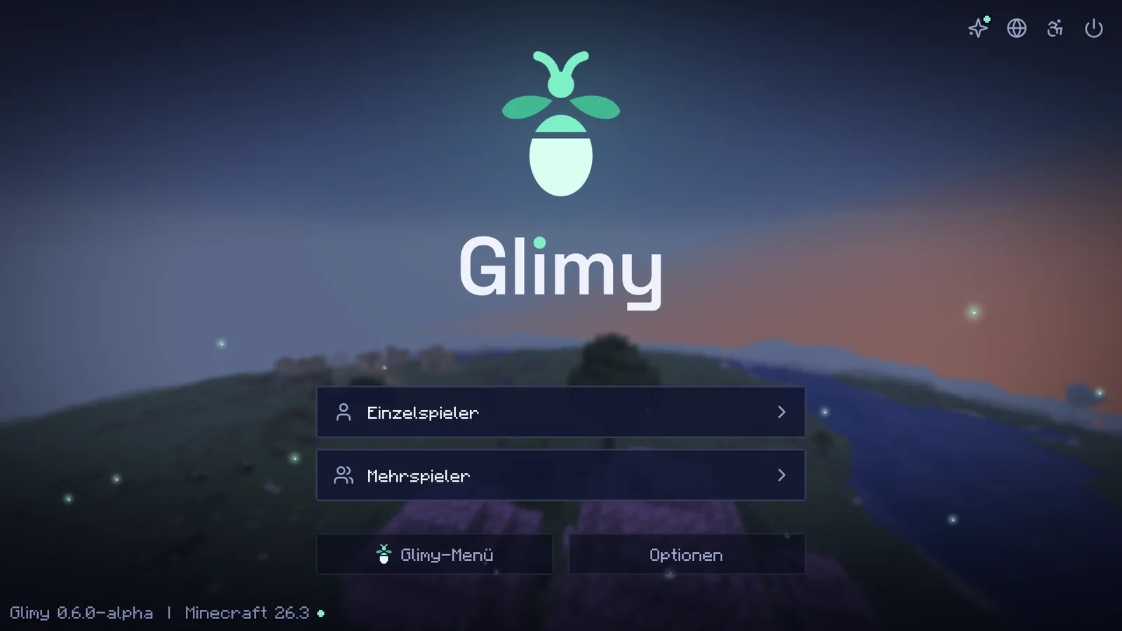 Glimy-Startbildschirm: dahinter unscharf eine Minecraft-Welt im Abendlicht mit Kirschblütenhain, Fluss und rosa Himmel, davor Glühwürmchen. In der Mitte das Glimy-Logo, darunter die Knöpfe Einzelspieler, Mehrspieler, Glimy-Menü und Optionen.
