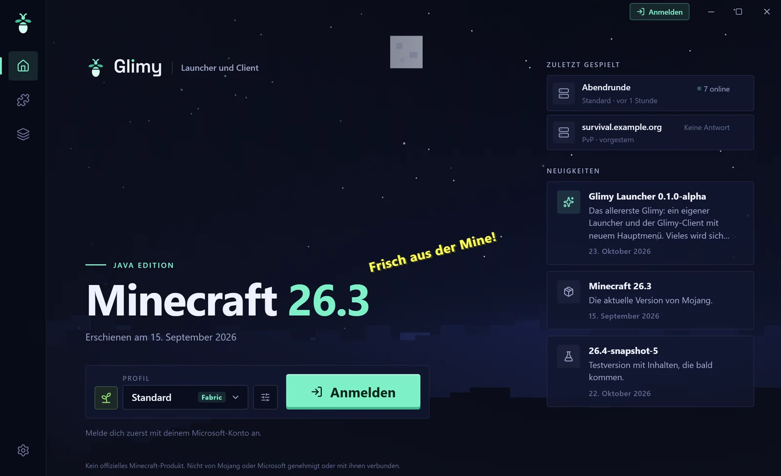 Startseite des Glimy Launchers: Profil „Standard“ mit Fabric, Knopf „Anmelden“, rechts zuletzt gespielte Server und Neuigkeiten.