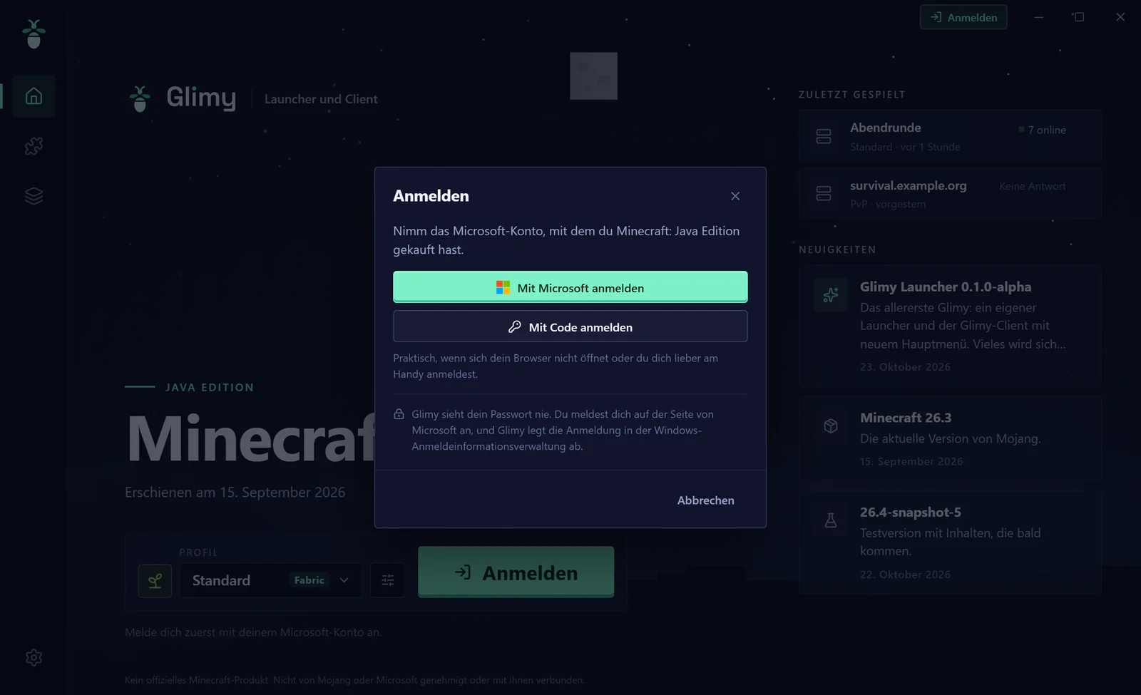 Dialog „Anmelden“: Knöpfe „Mit Microsoft anmelden“ und „Mit Code anmelden“, darunter der Hinweis, dass Glimy das Passwort nie sieht.