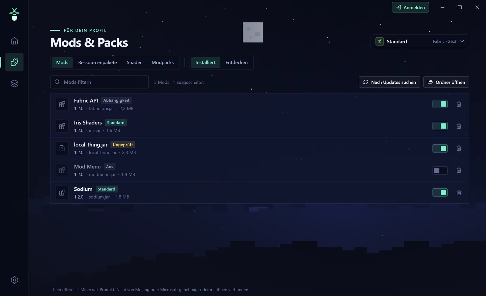 Seite „Mods & Packs“ mit installierten Mods, Schaltern zum Ein- und Ausschalten und Knopf „Nach Updates suchen“.