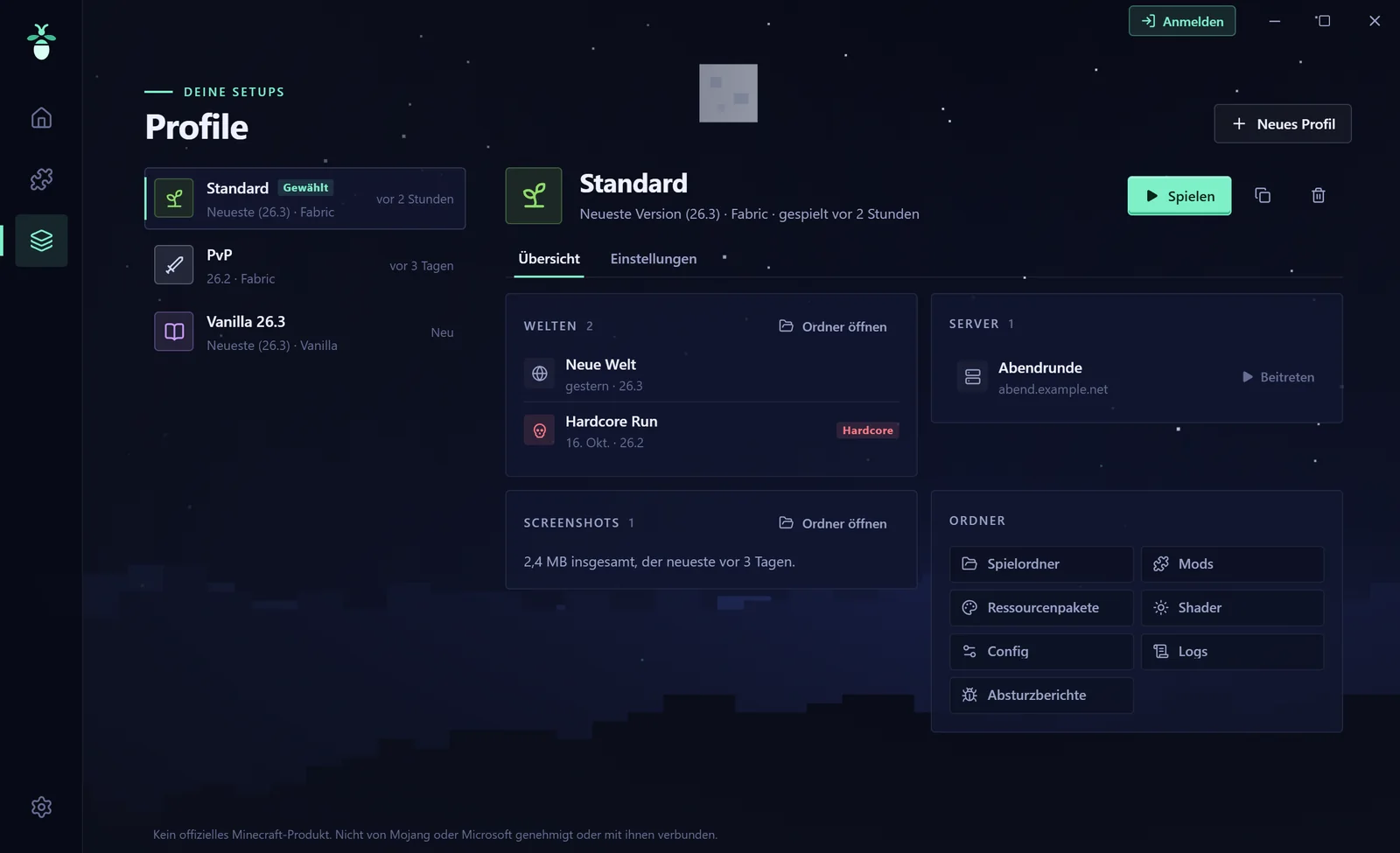 Profilseite: Liste mit drei Profilen, rechts Welten, Server, Screenshots und Ordner des gewählten Profils.