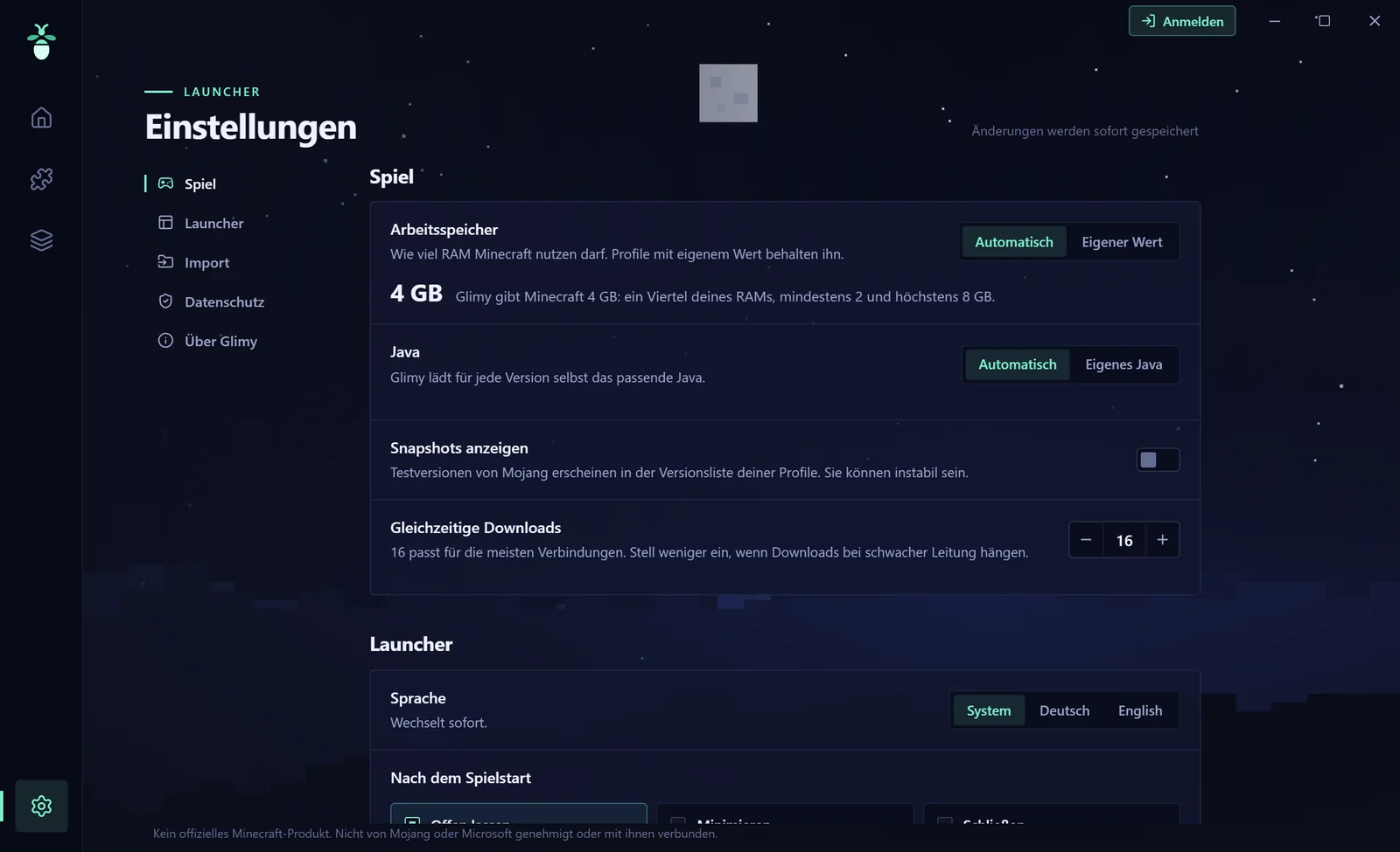 Einstellungen: Arbeitsspeicher automatisch 4 GB, Java automatisch, parallele Downloads.